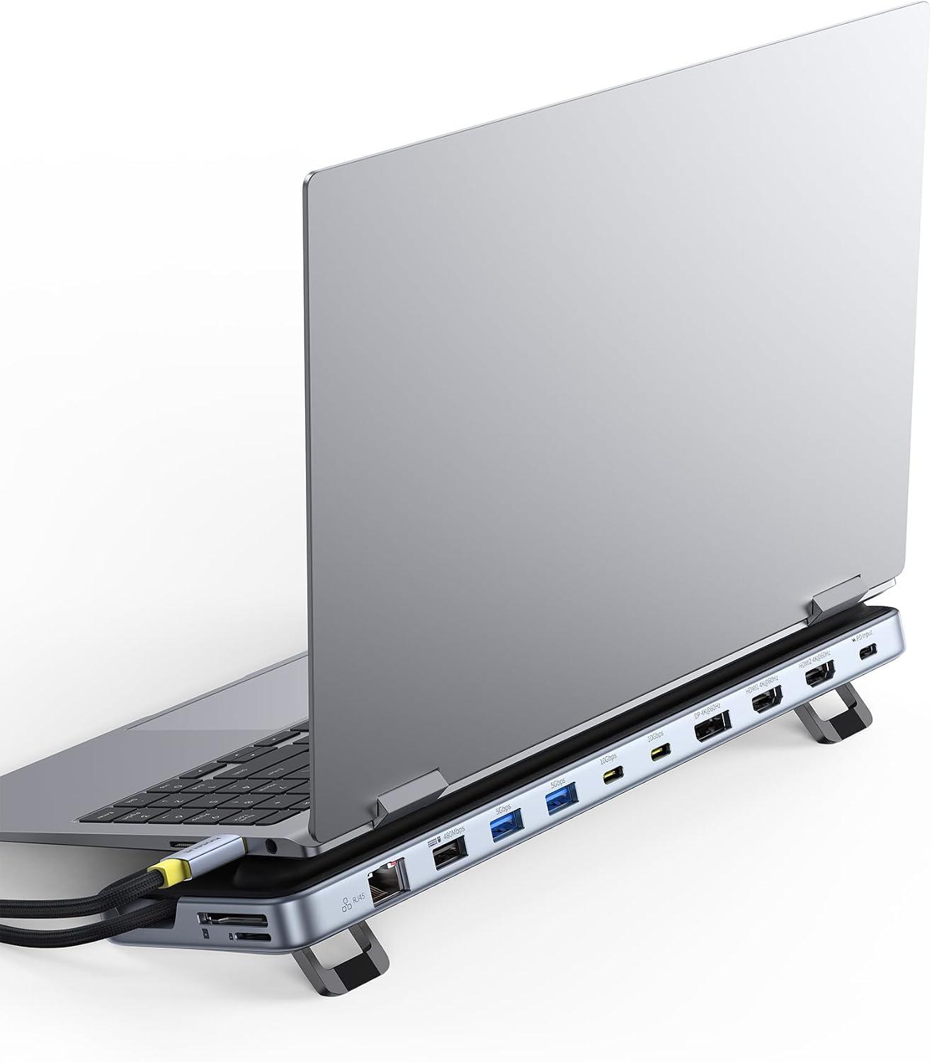 Baseus Docking Station Supporto per Laptop, 12 in 1 HUB Triplo Display 4K HDMI/DP, Dati Veloci USB A/C 10 Gbps, PD 100W, Ethernet, TF/SD, Docking Station USB C con Supporto per Windows