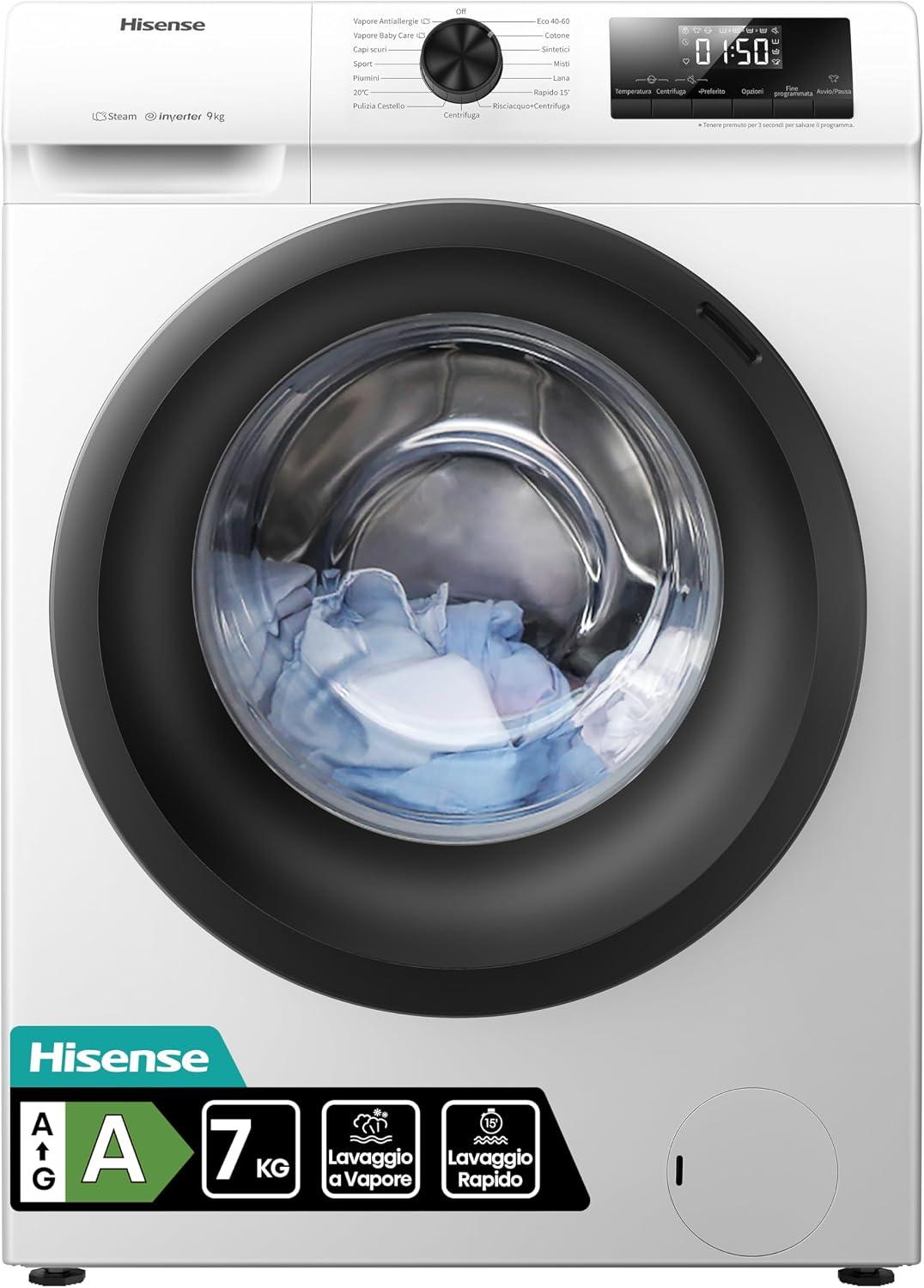Hisense WFQE7012EVM Lavatrice Slim Carica Frontale, 7kg, Classe A, 1200 giri, Vapore, Motore Inverter [Classe di efficienza energetica A]