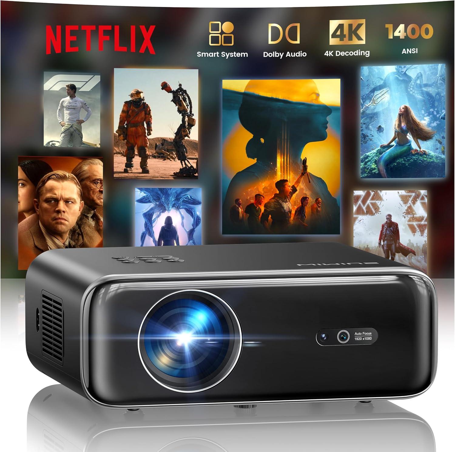 WiMiUS Proiettore [Netflix Incluso/Dolby/Autofocus] Smart Proiettore 4K Support, WiFi Bluetooth Videoproiettore Full HD 1080P Nativo Portatile con Auto Keystone/Zoom 50%/HDMI ARC/CEC per Home Cinema