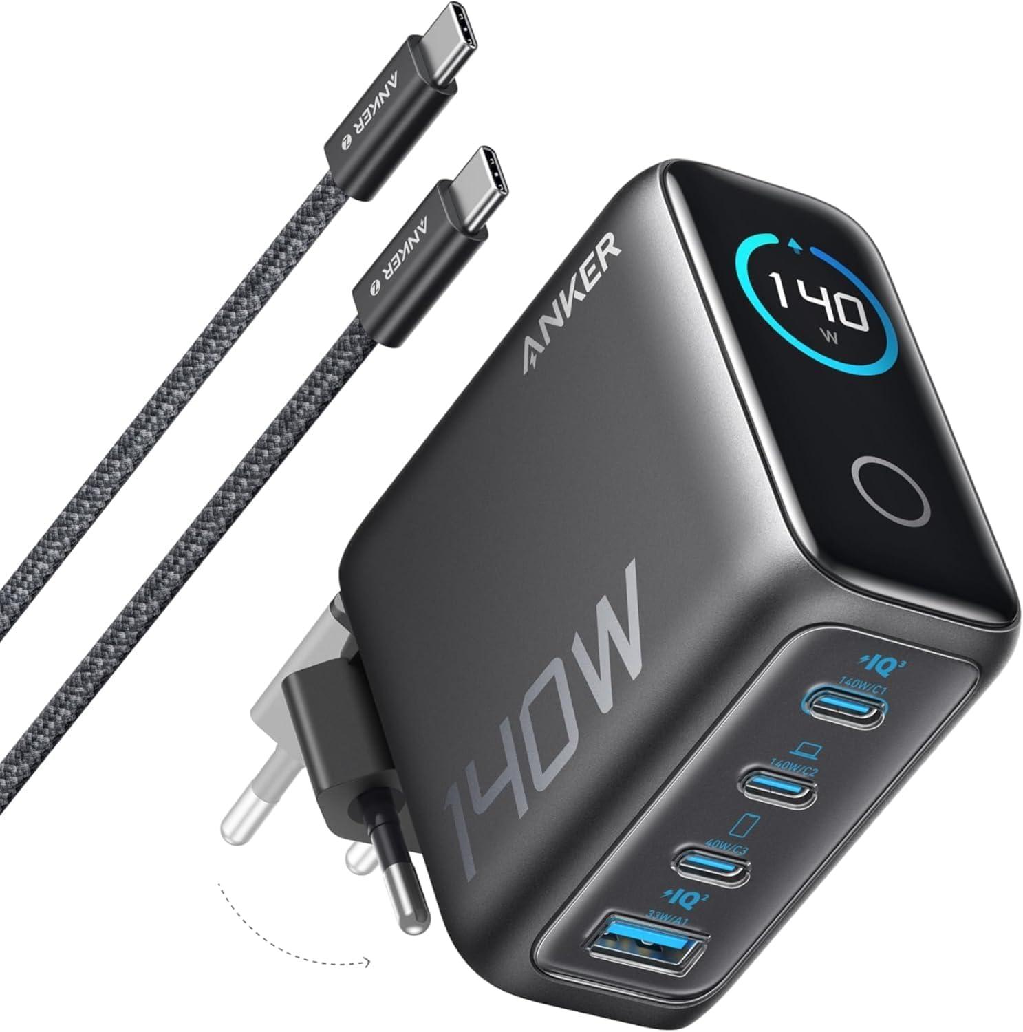 Anker caricatore USB C 140W GaN rapido compatto a 4 porte (nero)