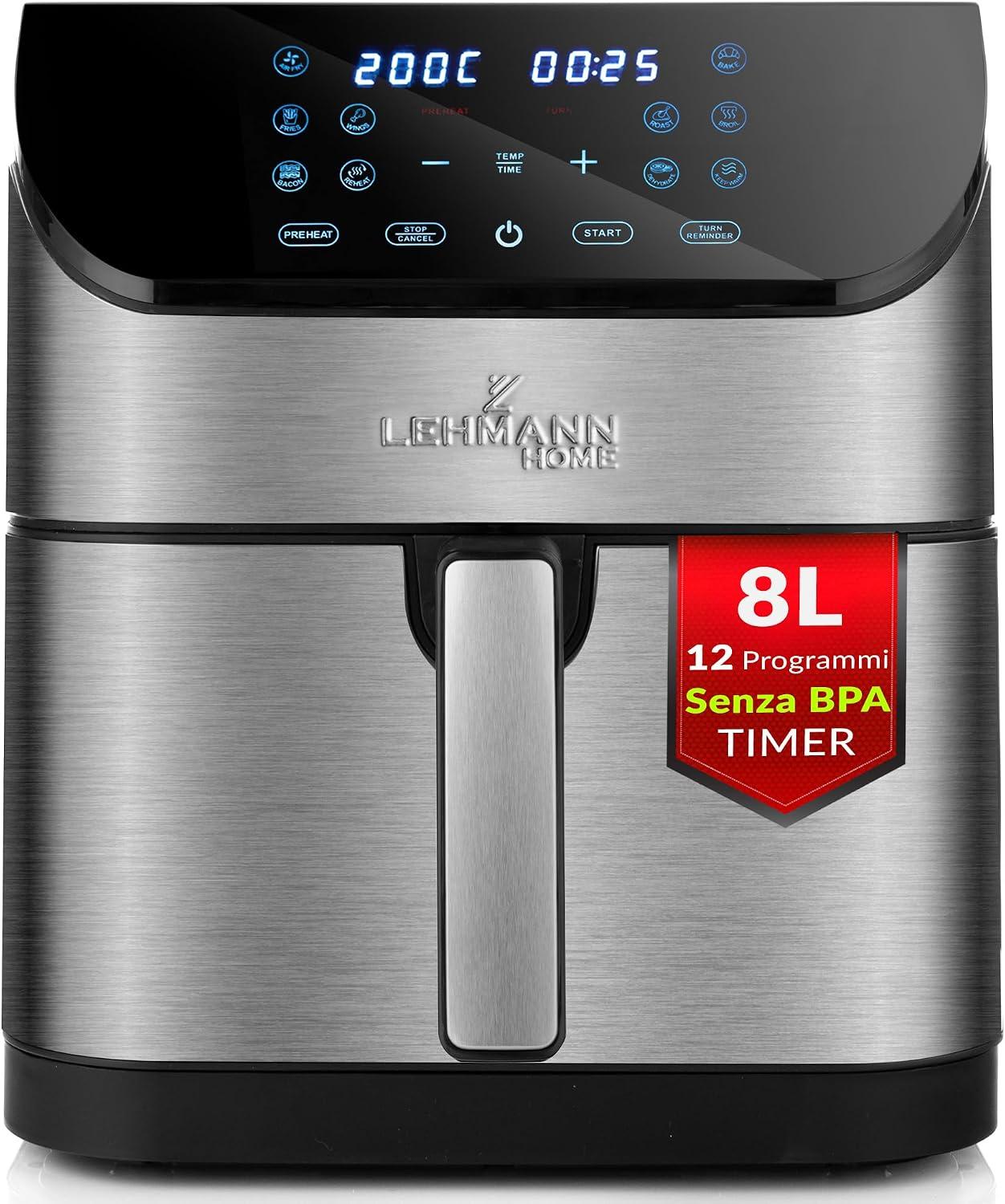 LEHMANN LEHMANN Friggitrice ad Aria XXL 8L con Divisorio Rimovibile, Air Fryer Doppia Zona Flessibile 1800 W, 12 Modalità Intelligenti & 76-200°C, Pannello Digitale, Lavabile in Lavastoviglie