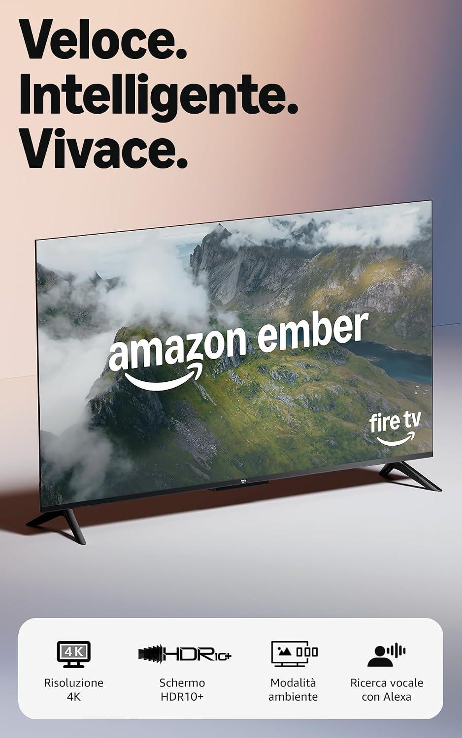 Amazon Ember serie 4 da 43" con Fire TV (ultimo modello), smart TV 4K UHD, HDR10+, processore veloce, Dolby Audio, modalità ambiente, TV in diretta gratuita, trova serie TV più velocemente con Alexa+
