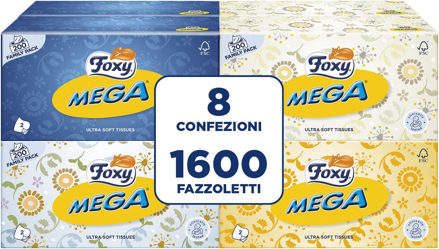 Foxy Mega | Fazzoletti in scatola | 8 Box da 200 fazzoletti 2 veli | 4 colori assortiti | Carta 100% certificata FSC® | Confezione riciclabile