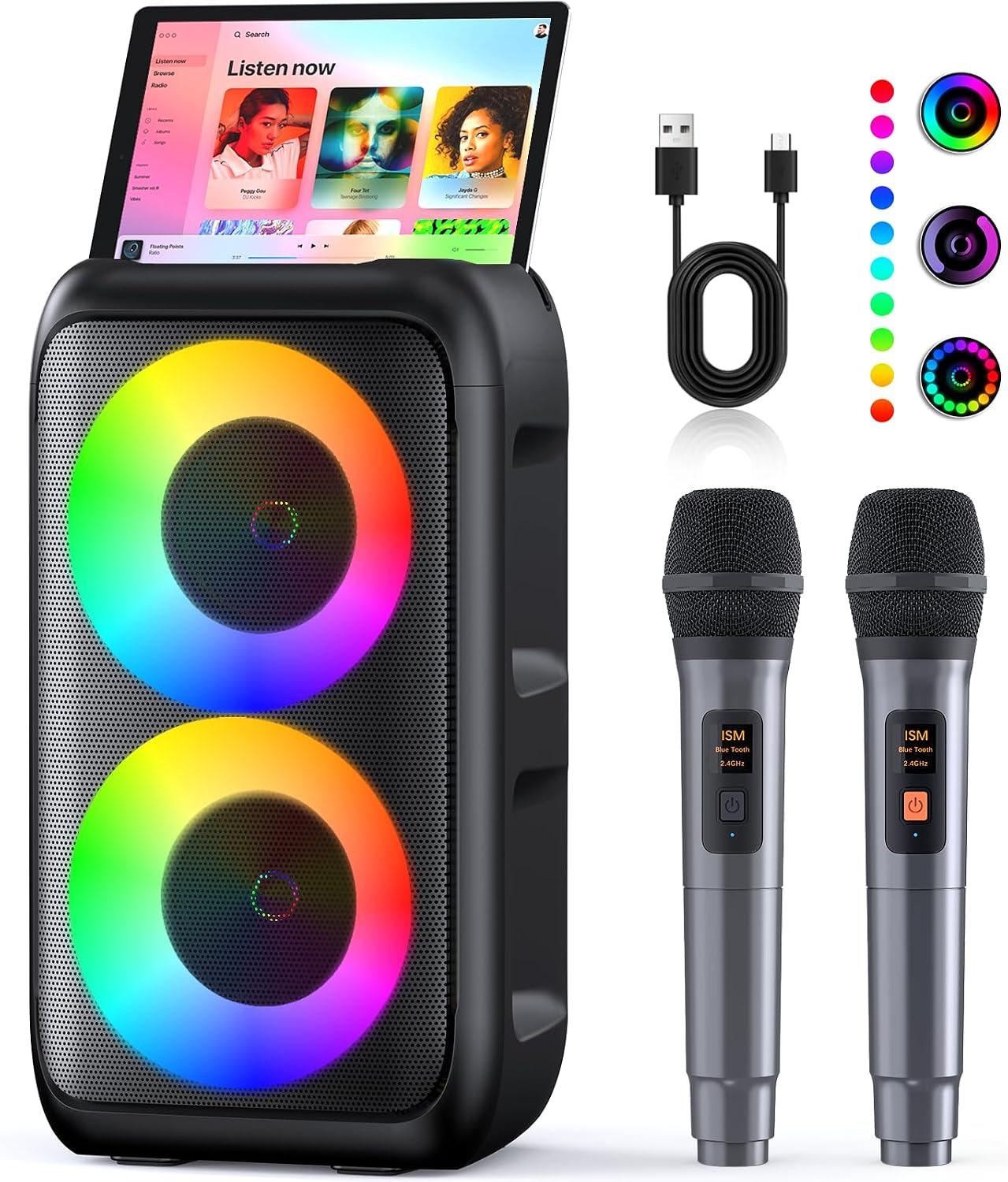 Karaoke con Microfono (2026 Ultimo Modello) | Cassa Bluetooth con 2 Microfoni per Adulti e Bambini | Supporta TV/Smartphone/iPad/TWS/AUX/USB/FM | Per Party, Casa, Compleanni, Viaggio