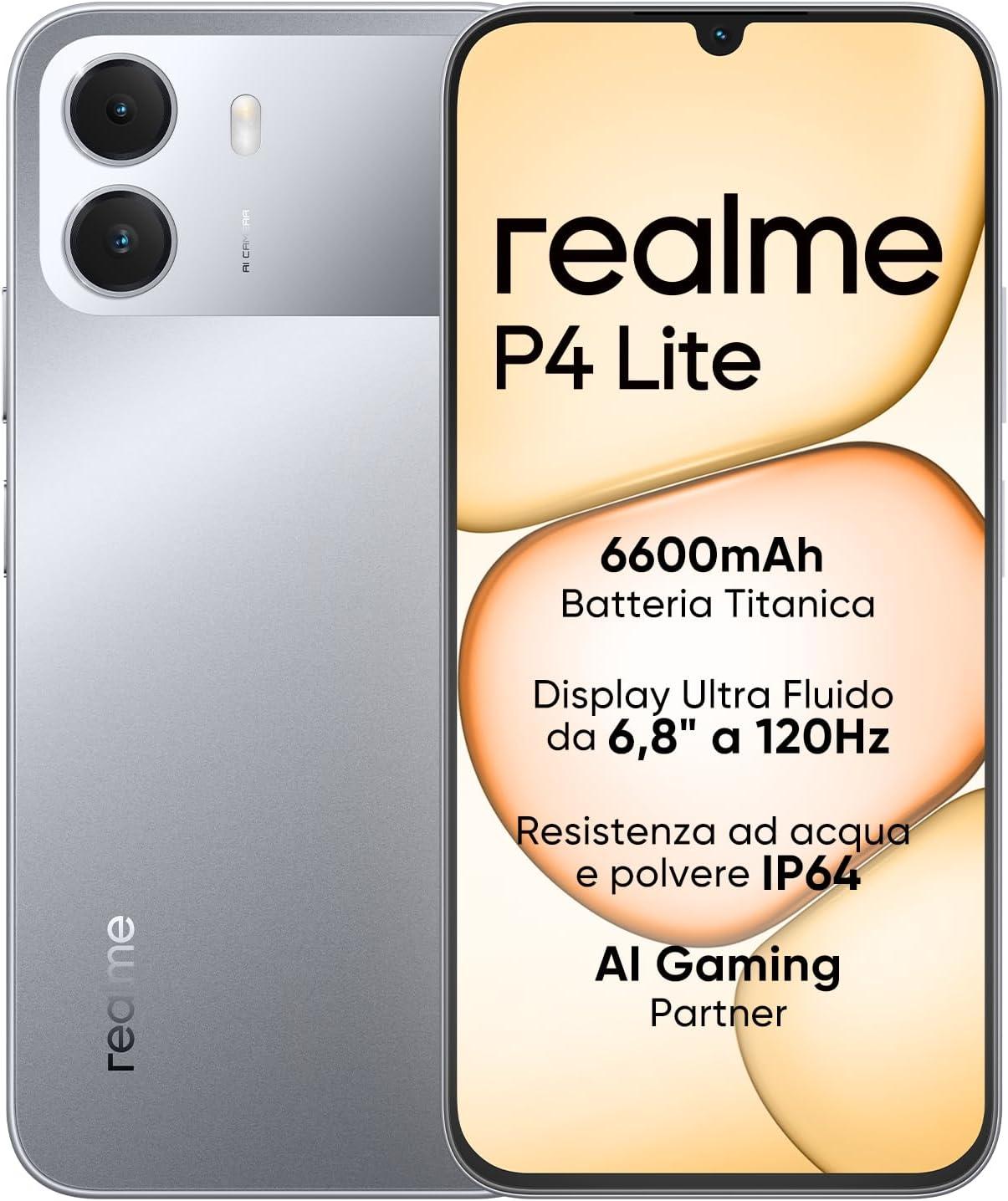 Smartphone realme P4 Lite 4G, 4GB+256GB, Display LCD HD 120Hz 6,8", Batteria Titan 6600mAh, Ricarica 15W, Ricarica inversa 6W, IP64, Sistema Next AI, Grigio Titan (Senza caricabatterie)