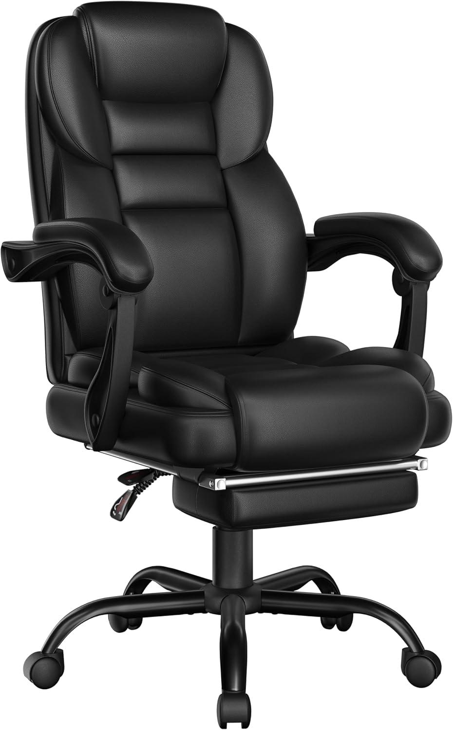 Yaheetech Poltrona Ufficio Ergonomica con Poggiapiedi Sedia da Ufficio in Finta Pelle con Schienale Reclinabile Bloccabile e Braccioli Imbottiti Rotelle Girevole Altezza Regolabile Nero
