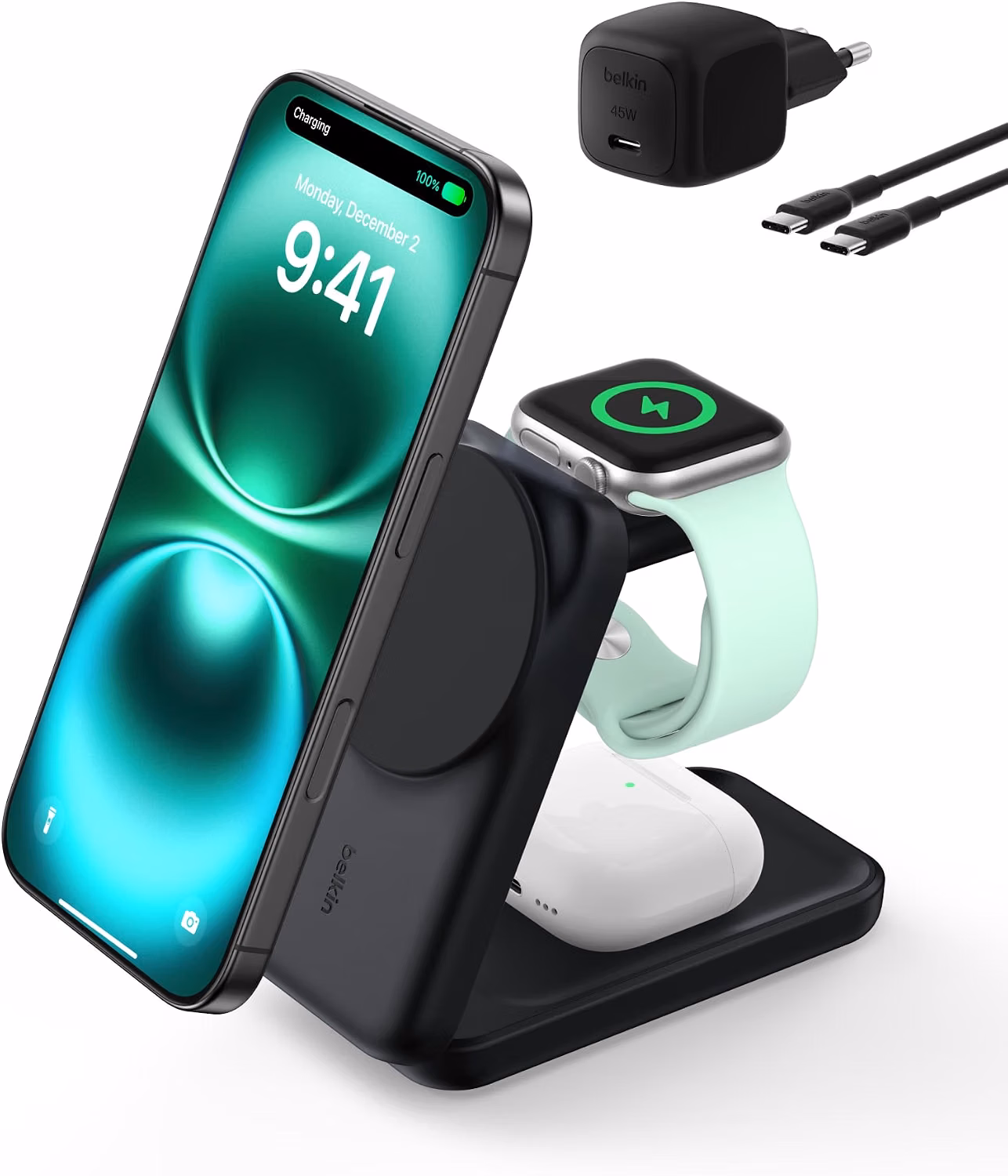 Belkin UltraCharge Caricatore Wireless Magnetico Qi2 25W 3 in 1 - Nero