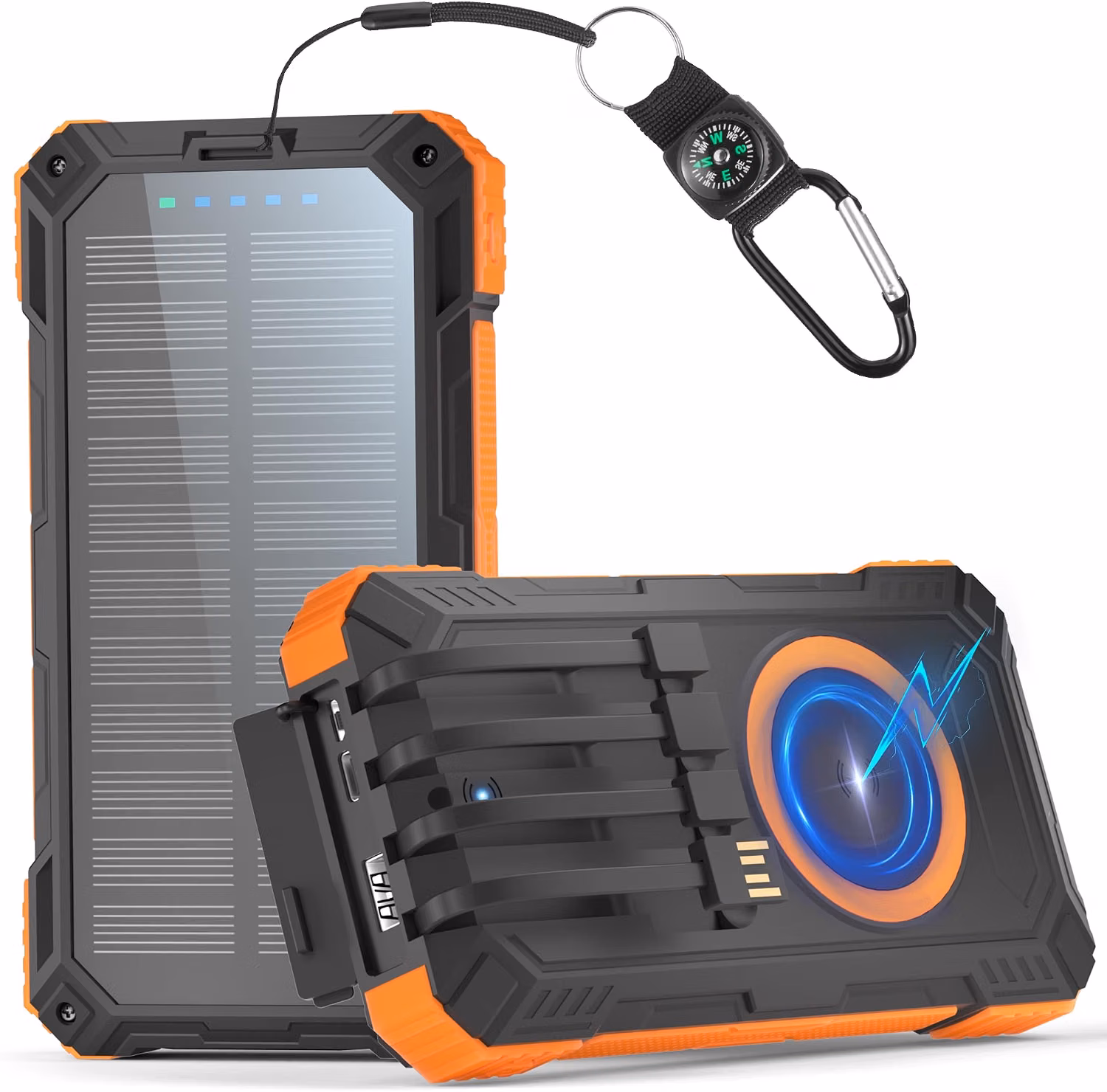 56800mAh Power Bank Solare Wireless, 30W Power Bank Ricarica Rapida, Caricatore Portatile con 4 Cavi Integrati, 6 Uscite, Torcia, Powerbank per Campeggio, Outdoor, Cellulare, Tablet (Arancione)