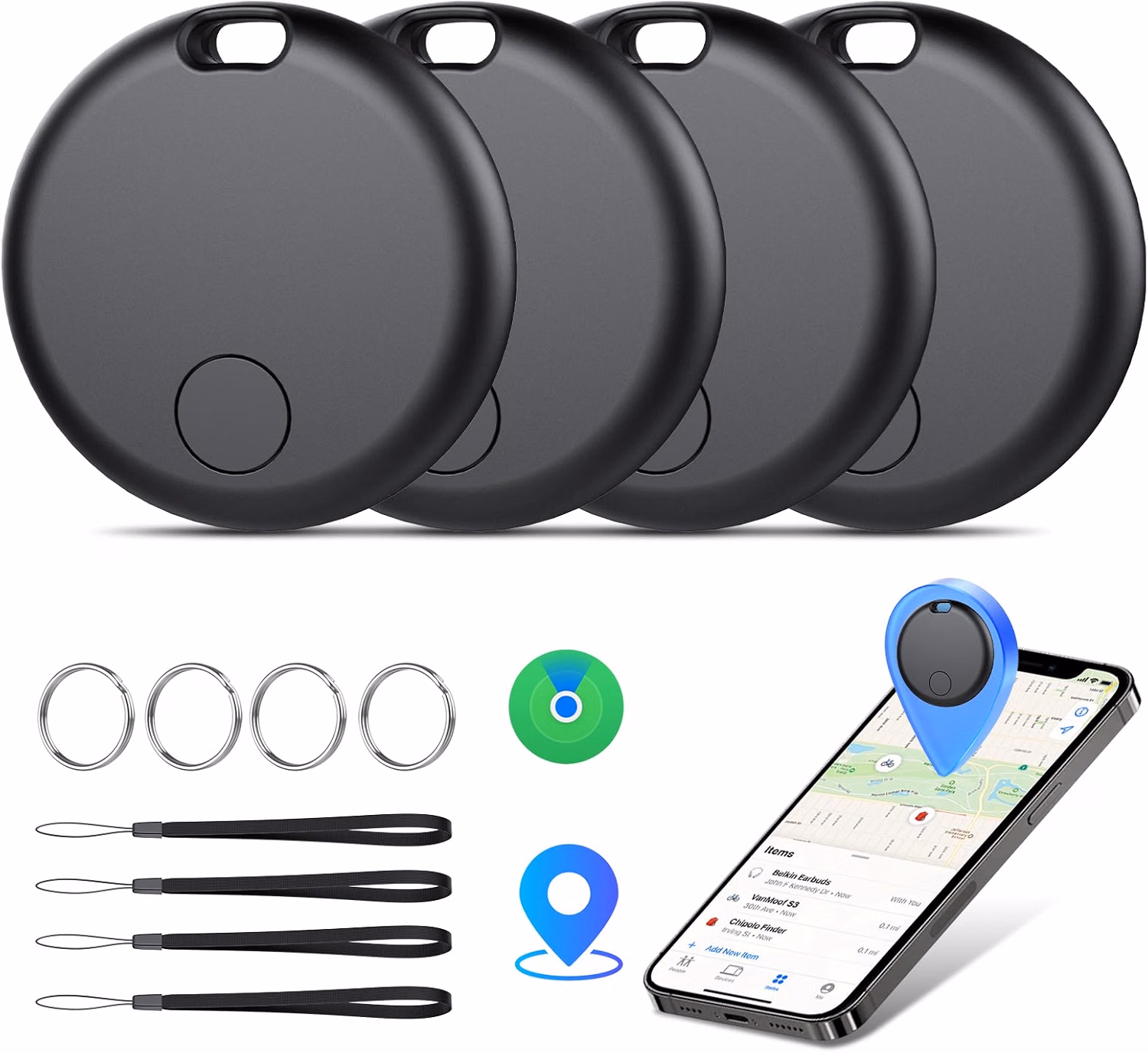 Smart Tracker Tags 4 Pezzi, Funziona con Apple Dov'è (Solo iOS), Localizzatore Bluetooth Trova Oggetti 365 Giorni, Batteria Sostituibile, Impermeabile IP67, Chiavi/Portafoglio/Bagagli/Valigie