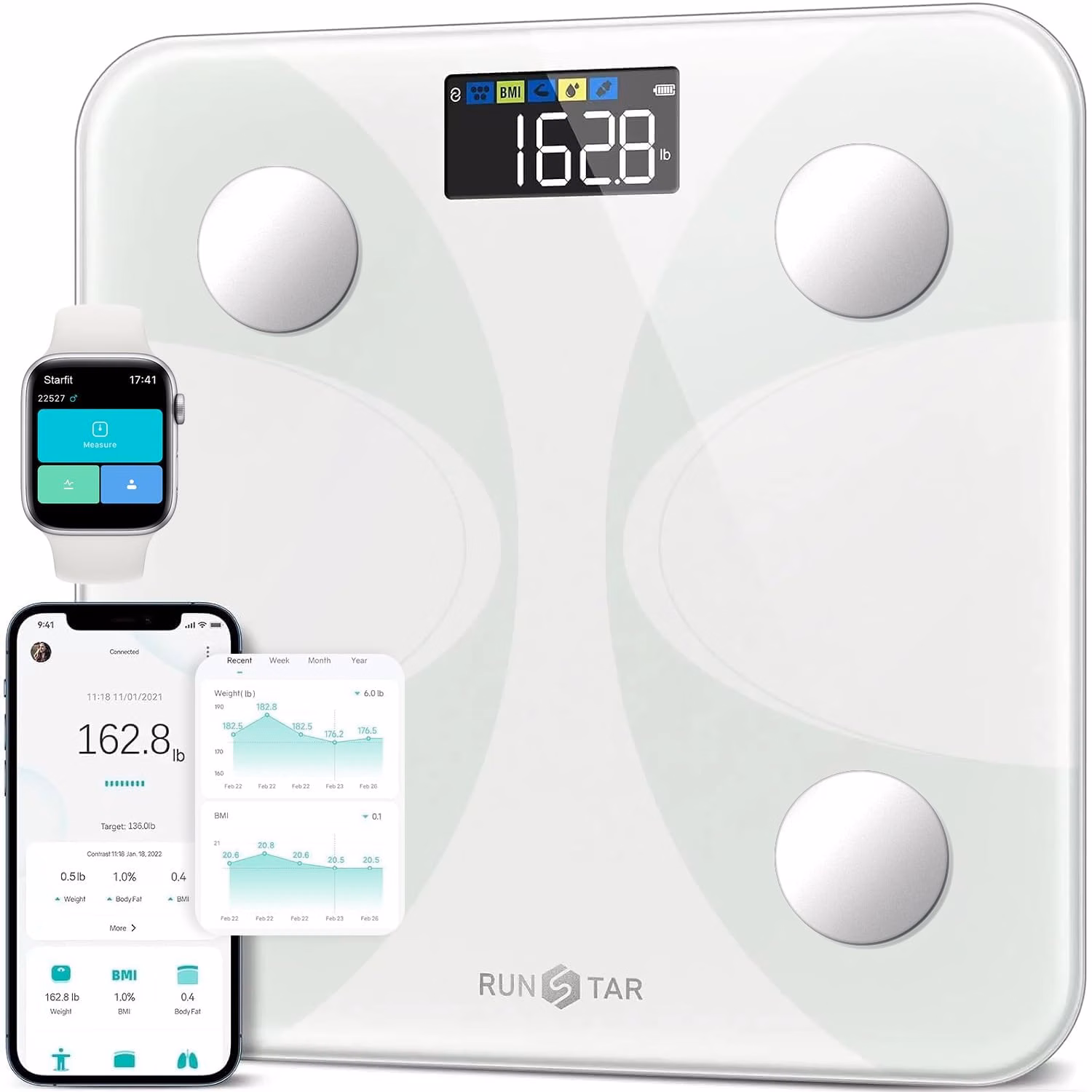 RunStar Bilancia pesapersone e percentuale grasso, Bilancia smart digitale e precisa con ampio display, Analizzatore di 13 dati di composizione corporea, Sync App - Bianco