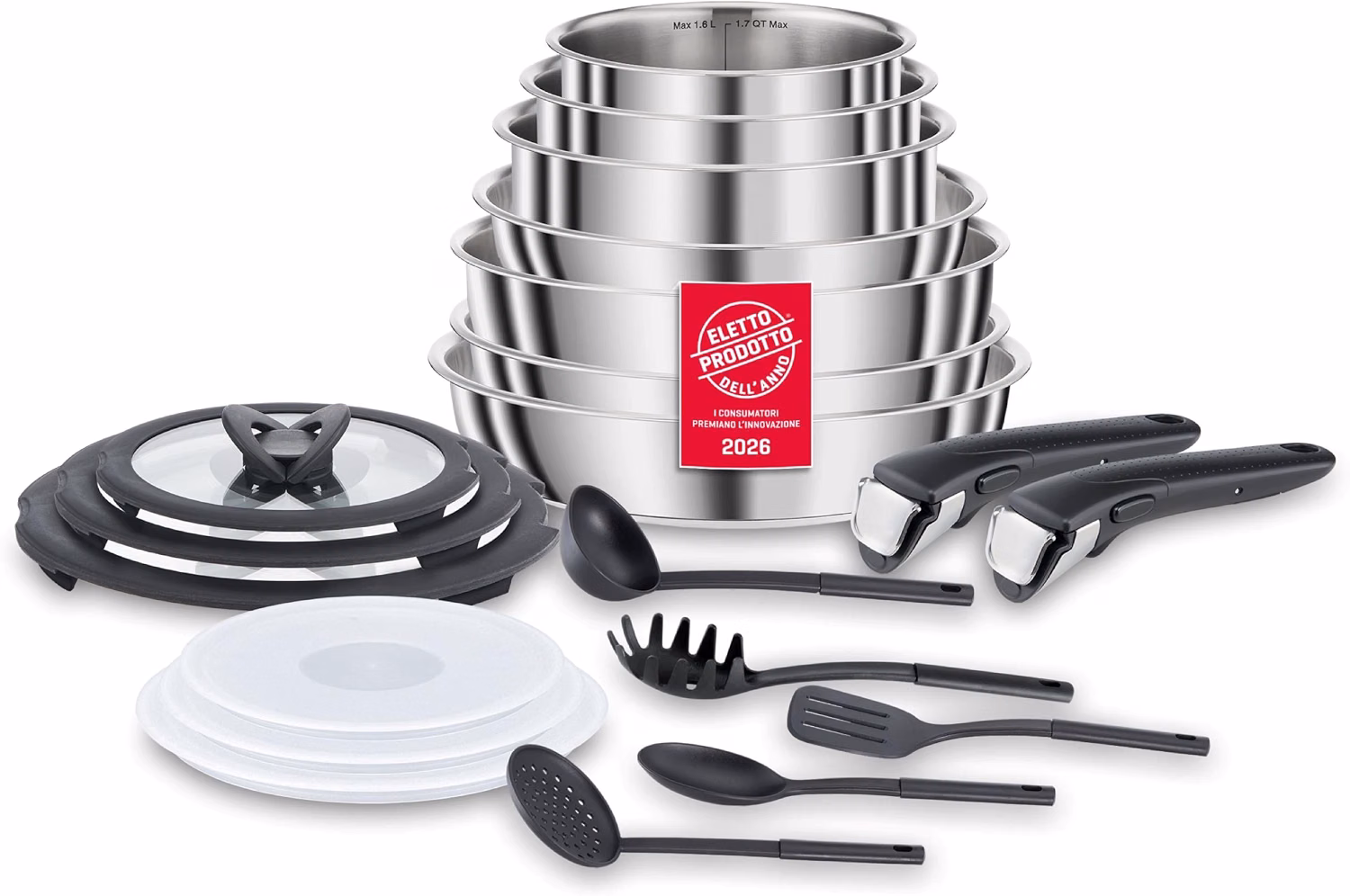 Lagostina Ingenio Inox Set di Pentole e Padelle in Acciaio Inox, 20 Pezzi, Adatto ad Induzione, Batteria di Pentole con 3 Casseruole, 3 Padelle, Tegame,6 Coperchi, 5 Utensili Cucina,2 Manici Amovibili