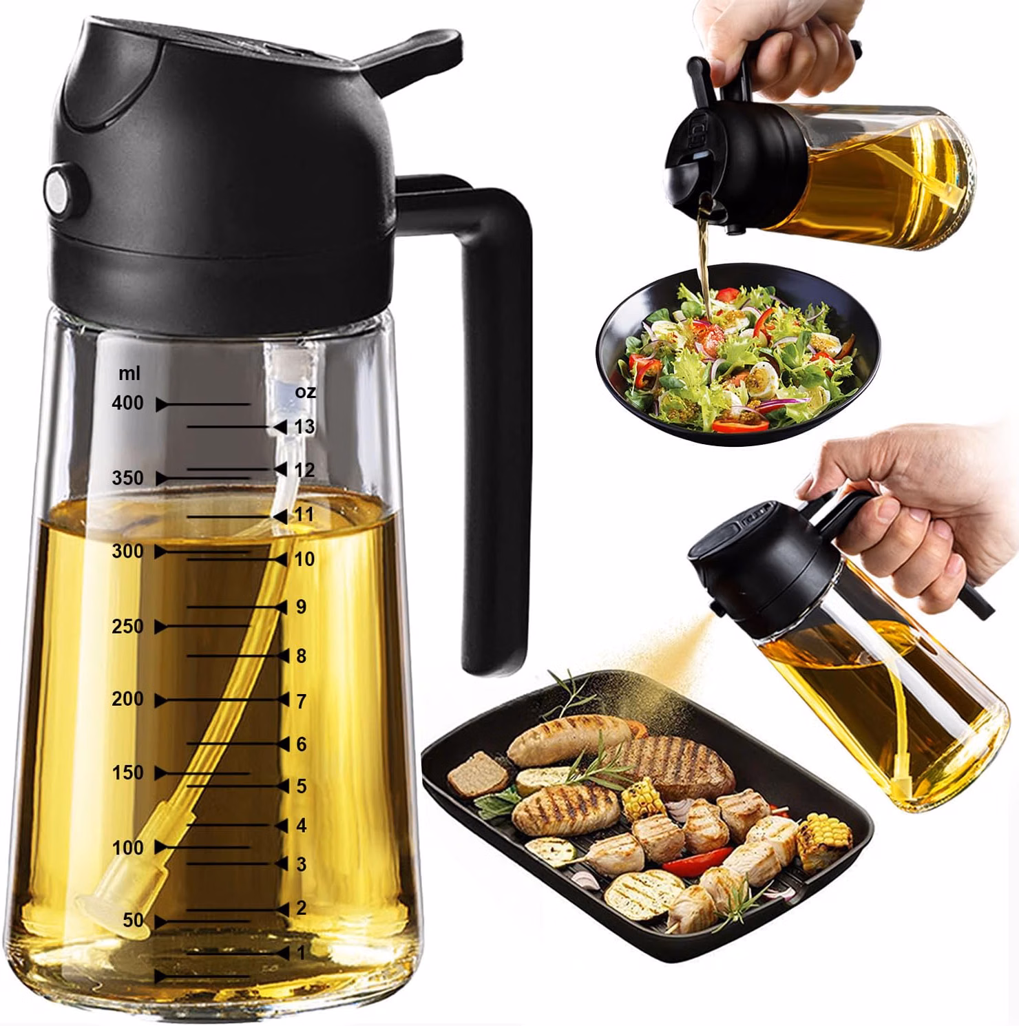 TrendPlain Spruzzino Olio per Friggitrice Aria 470ml, Dosatore Olio 2 in 1, Oliera Spray per Cucina, Insalata e Aceto, Accessori Cucina senza BPA (Nero)
