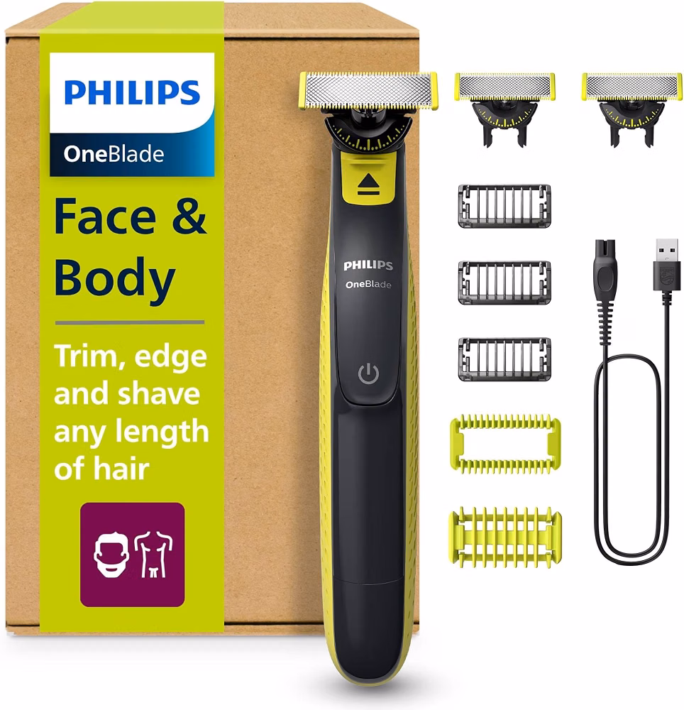 Philips OneBlade 360 Autentico Regolabarba Elettrico per Viso e Corpo, Rasoio e Spazzola, 3x 360 Lame, 3x Pettine per Barba (1,3,5 mm), 1x Kit per il Corpo, QP2824/31