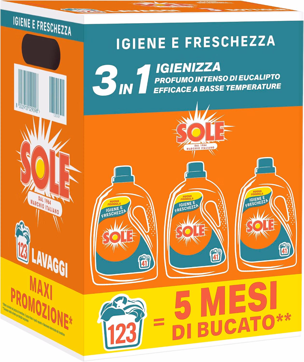 Sole Detersivo Lavatrice Igiene e Freschezza 123 Lavaggi, Formula igienizzante, Detersivo Lavatrice Liquido Igiene e Freschezza, rimuove le macchie a basse temperature