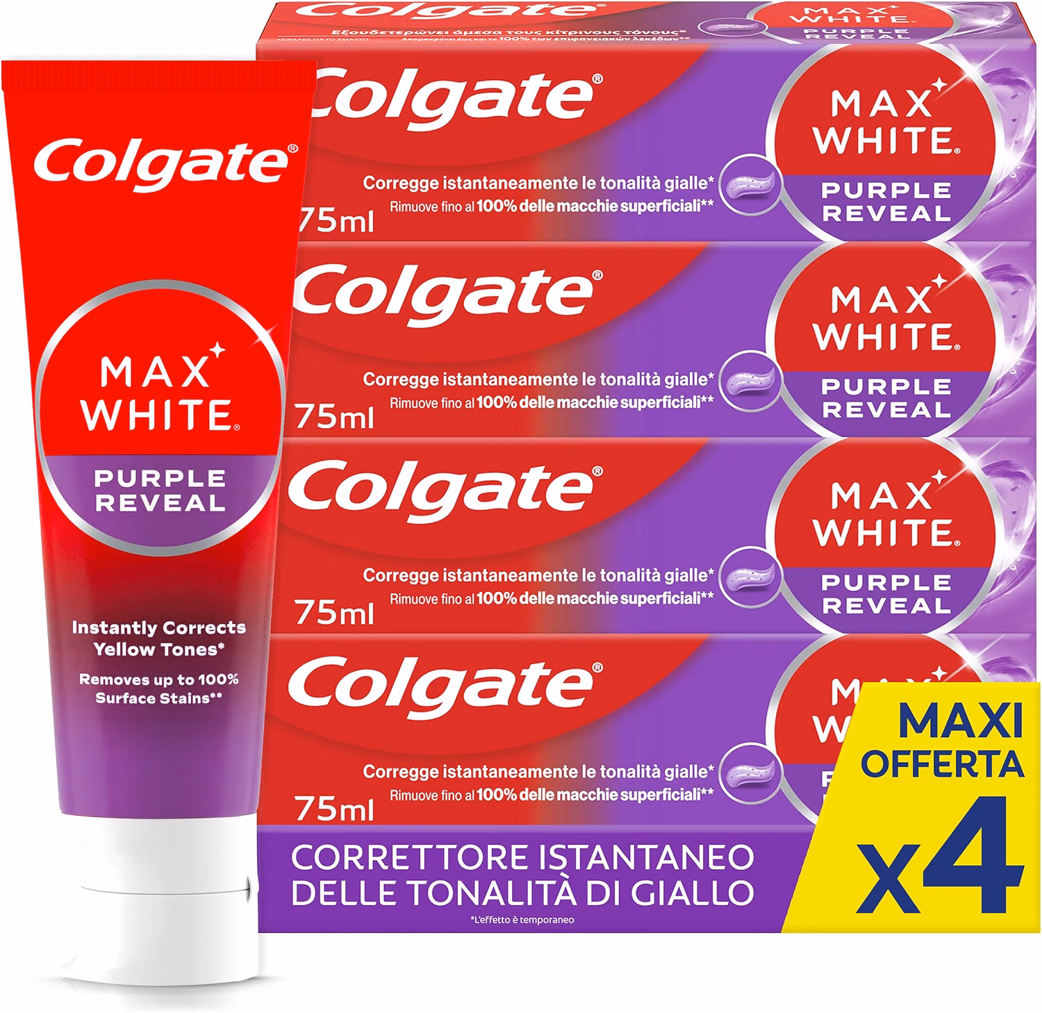 Colgate Dentifricio Sbiancante Max White Purple Reveal 4 Confezioni da 75 ml I Per Denti Bianchi I Sicuro Per Lo Smalto I Contiene Fluoro I Sbiancamento denti I Bianco naturale